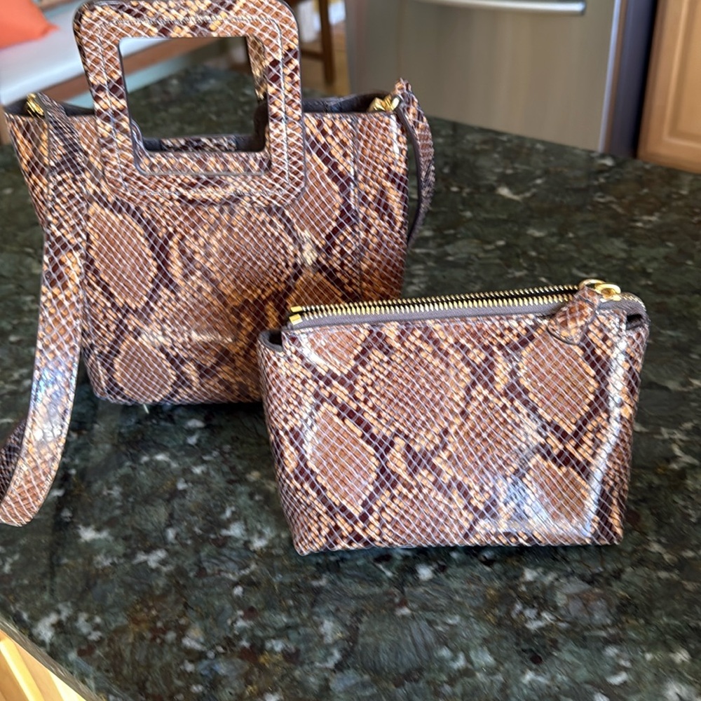 Staud snakeskin print leather crossbody bag with removable interior zipper pouch